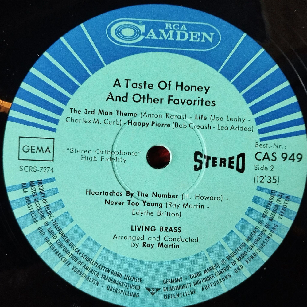 Винтажная виниловая пластинка LP Living Brass A Taste Of Honey And Other Favorites (Germany 1966)