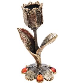 Народные промыслы AM-3045 Подсвечник «Тюльпан» (латунь, янтарь)