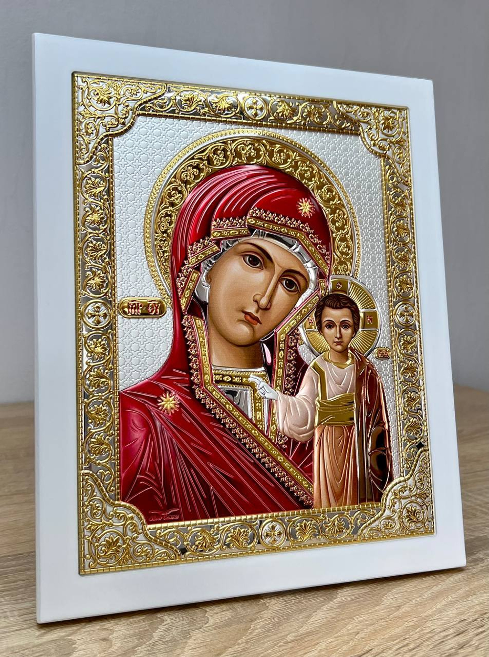 Казанская БМ, икона прямоугольная с рамкой, белое дерево, эмаль 210х260