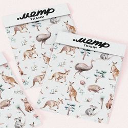 Ткань атлас кенгуру страусы акварельные