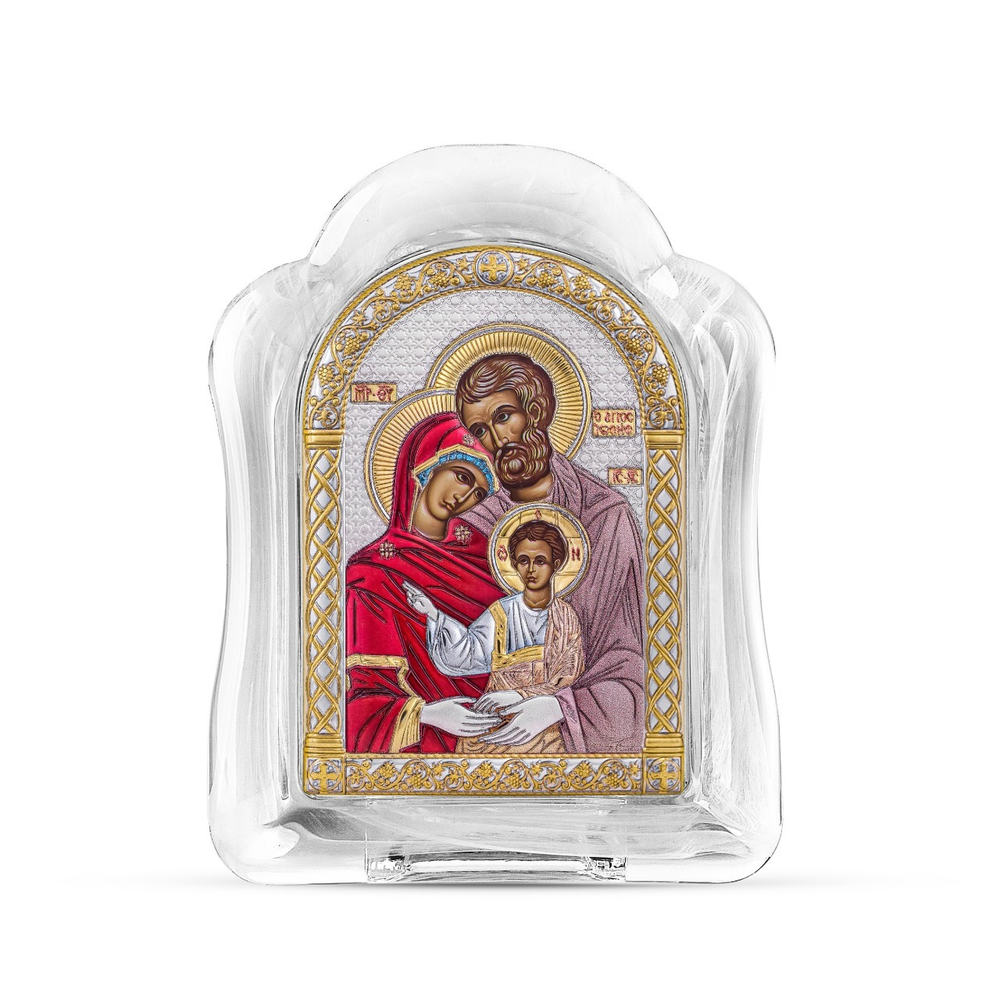 Св. Семейство, икона арочная, белое муранское стекло, эмаль 65х85