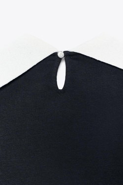 ZARA ФУТБОЛКА С ТРИКОТАЖНЫМ ВОРОТНИКОМ И БАНТОМ, ЧЕРНЫЙ