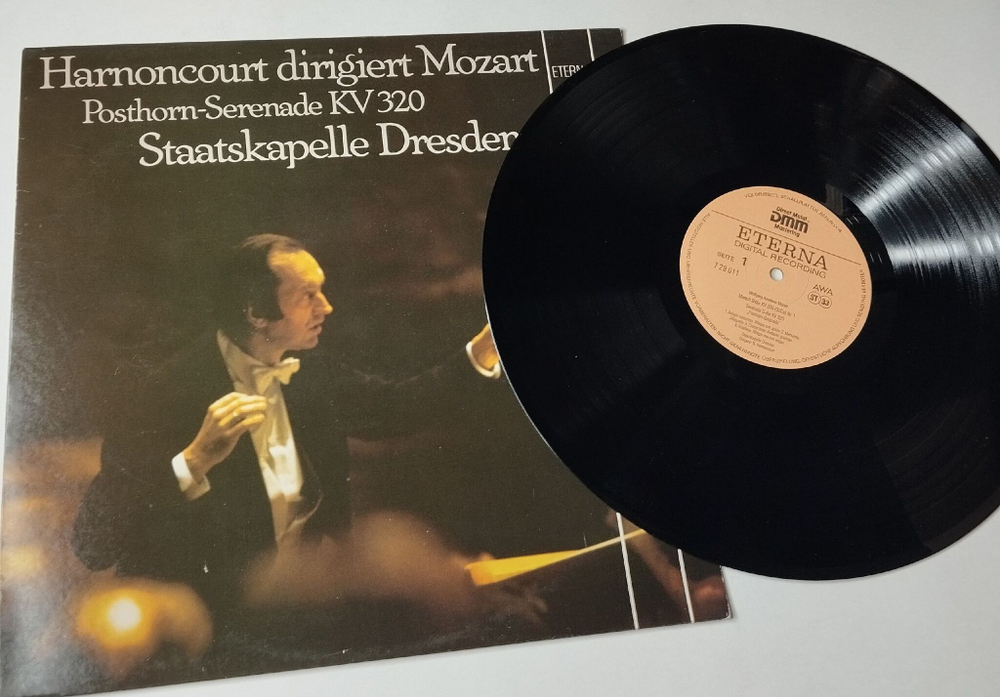Винтажная виниловая пластинка LP Harnoncourt, Dirigiert Mozart Staatskapelle Dresden, Posthorn Serenade KV 320 (ГДР 1989)