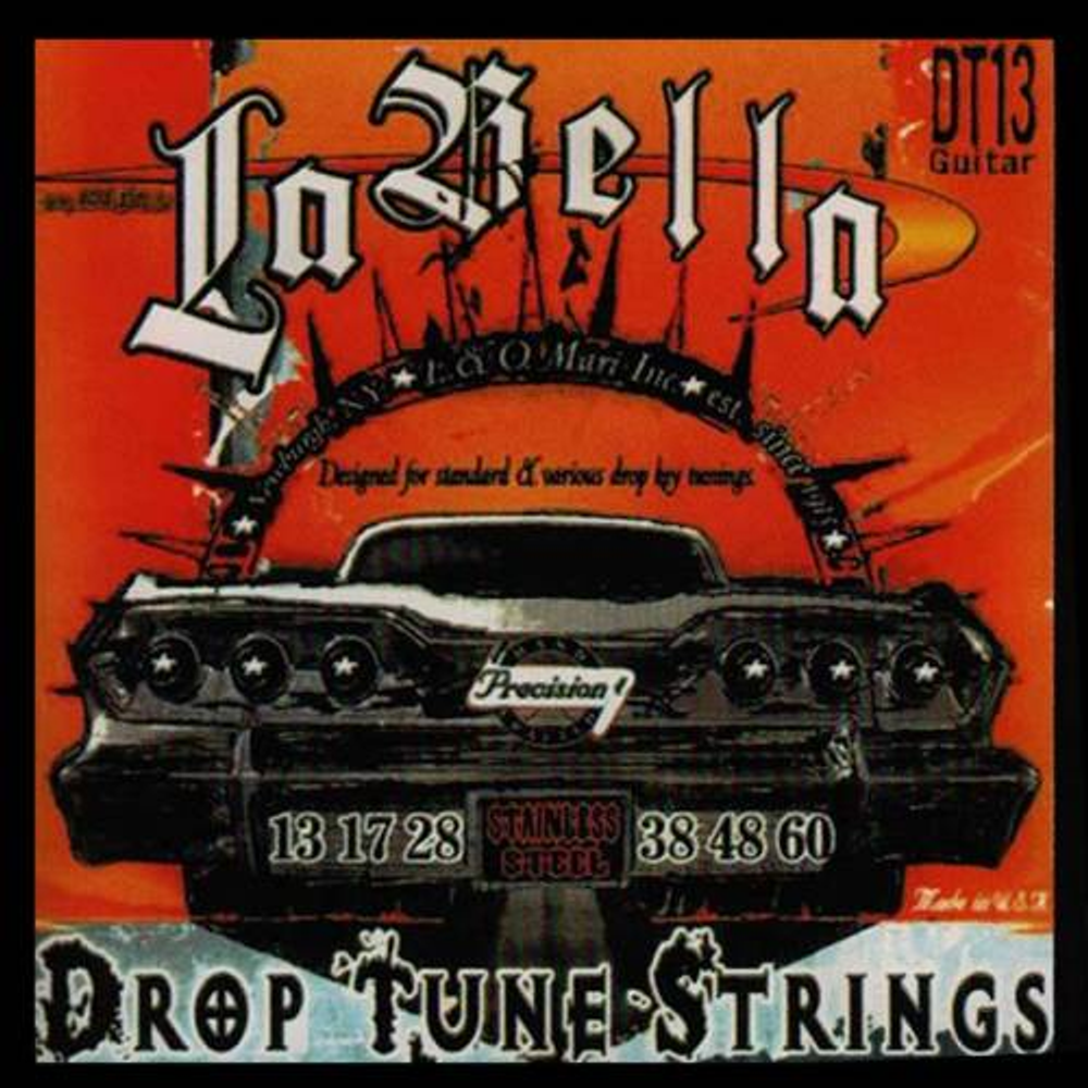 La Bella DT13 Drop Tune Strings Комплект струн для электрогитары 13-17-28-38-48-60. Верхние струны сталь, басовые - стальной керн в никелированной круглой оплетке.