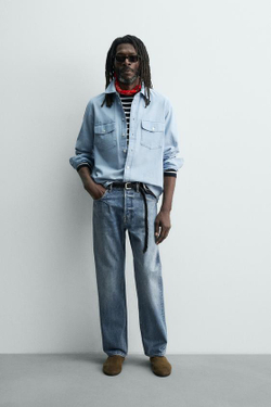 ZARA X AARON LEVINE ЛЕГКАЯ ДЖИНСОВАЯ РУБАШКА, ВЫЦВЕТШИЙ СИНИЙ