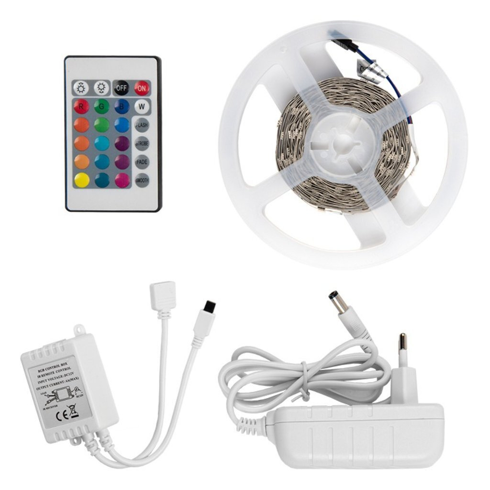 Лента светодиодная SMD 5050, 30LED/м, 12 В, 7.2 Вт, IP20, RGB, 5 м, адаптор/IR контрол., GLS-5050-30