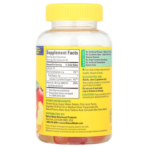 Nature Made, Жевательные мармеладки с витамином D3, клубника, персик и манго, 90 жевательных таблеток (25 мкг (1000 МЕ) в жевательной таблетке)