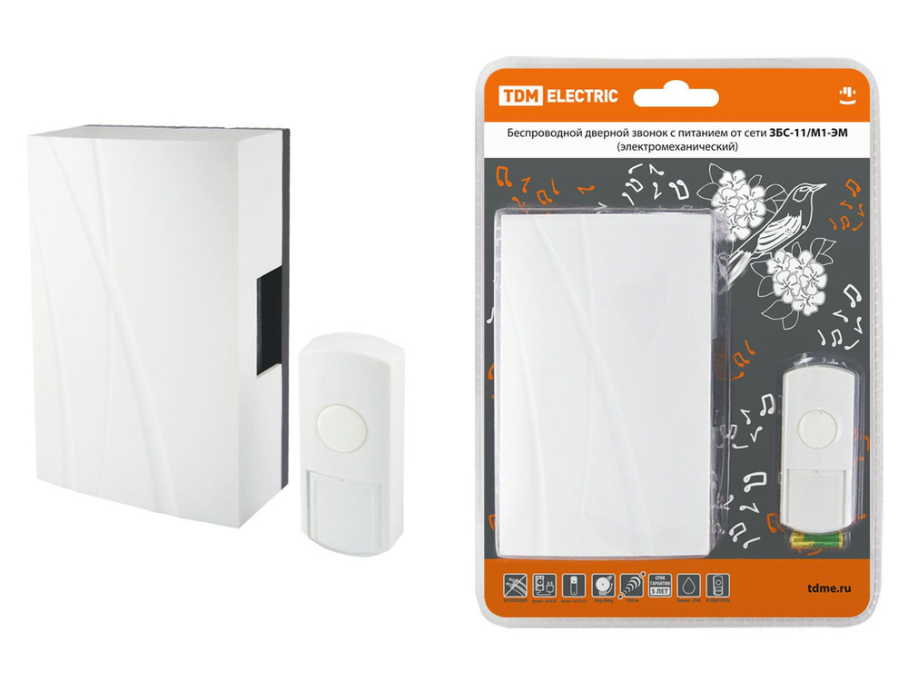 Звонок беспроводной в эл сеть кнопка IP44 многокодовый ЗБС-11/М1-ЭМ AC 230V TDM