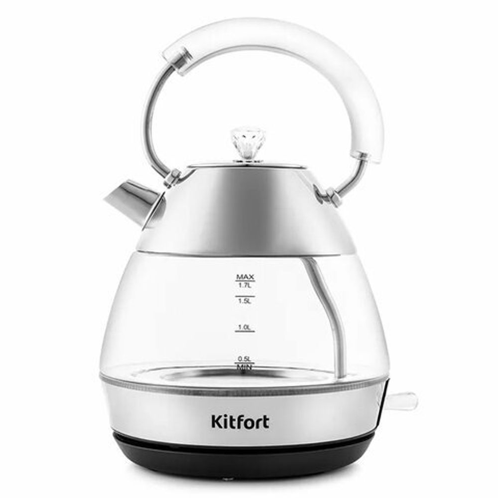 Чайник KITFORT КТ-678, 1,7 л, 2200 Вт, закрытый нагревательный элемент, стекло, серебристый