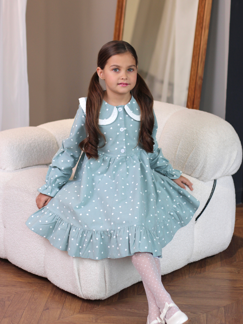 Платье из фланели с длинным рукавом «Сердечки», цвет мятный