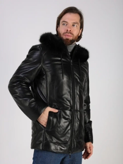 Куртка зимняя кожаная с капюшоном пуховик