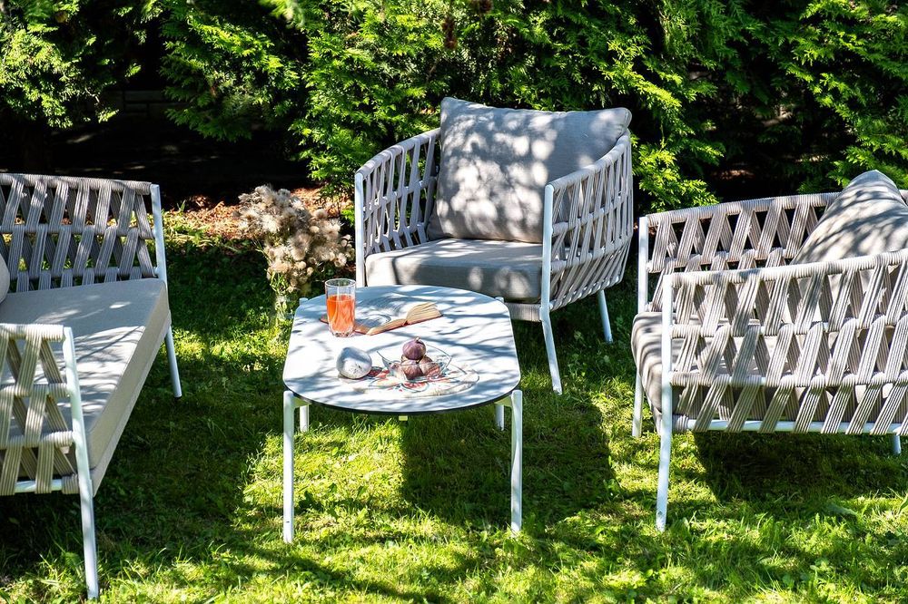 "Диего" лаунж-зона 4-местная плетеная из роупа (веревки), каркас алюминиевый белый, роуп бежевый