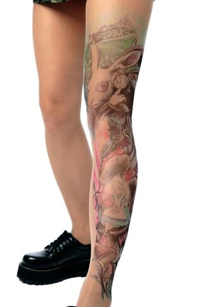 Колготки +size с принтом в виде героев «Алисы в Стране чудес» (Размер: XL-XXL) (Цвет: бежевый)