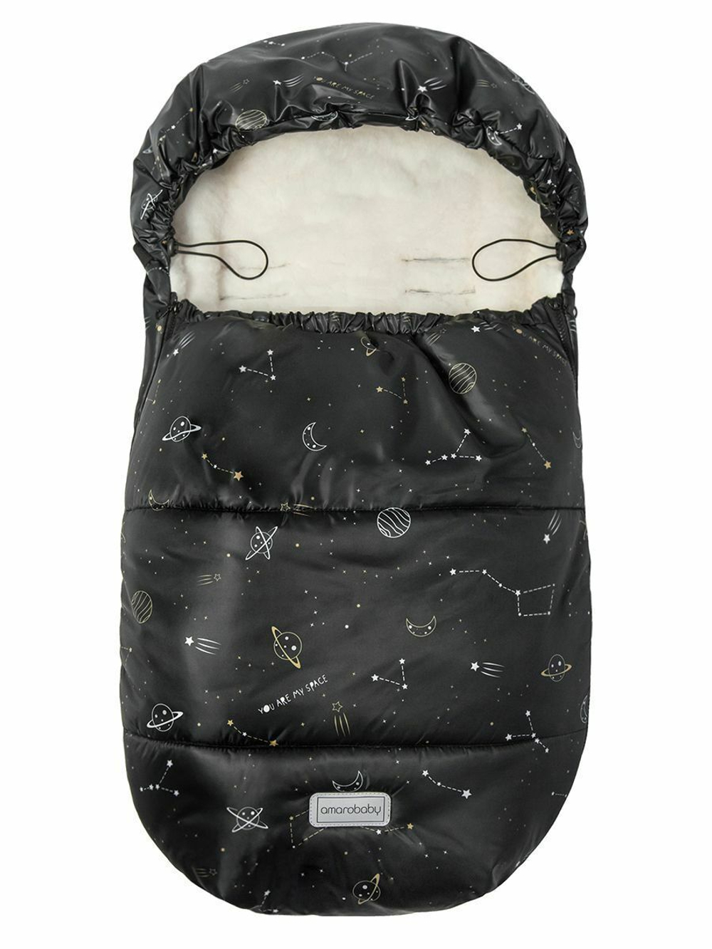 Конверт зимний меховой AMAROBABY Snowy Baby Космос, черный, 85 см.