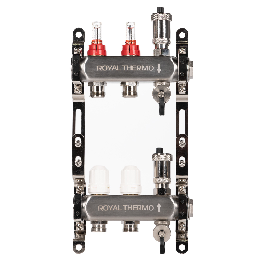 Коллектор Royal Thermo нерж. в сборе с расходомерами 1" ВР-3/4" НР с автомат. воздухоотвод-ми 2 вых.
