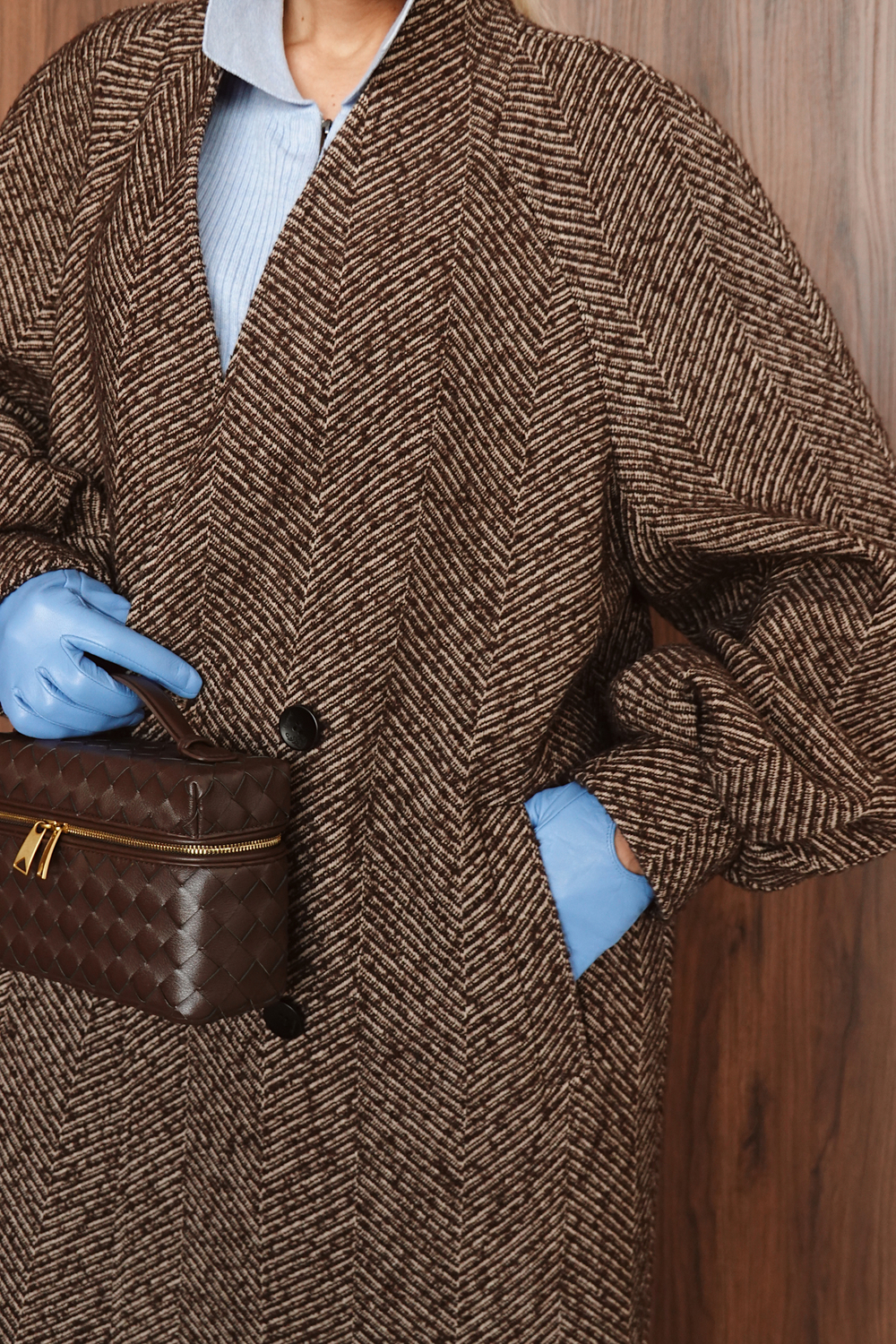 Пальто из шерсти в гусиную лапку с поясом