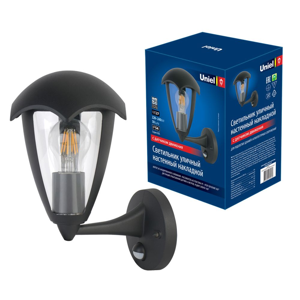 UUL-S81A 60W/E27 SENSOR IP54 BLACK Светильник  уличный, под лампу Е27, с датчиком движения. Архитектурный накладной. Корпус черный. TM Uniel.