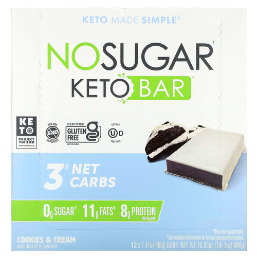 No Sugar Company, Keto Bar™, печенье и крем, 12 батончиков, по 40 г (1,41 унции)