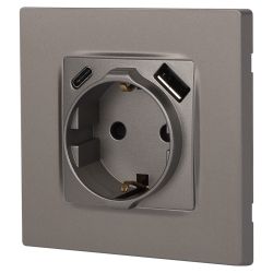 Выключатель ЭРА Серия 12 12-4108-16 2P+E 16A-250В со шторками с USB type-A+C 5В-3А титан | ЭРА 12 Титан