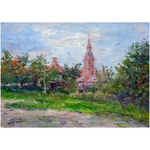 Картина авторская маслом на бумаге в раме 25х34 см на стену для интерьера "Старая немецкая кирха. Калининград"