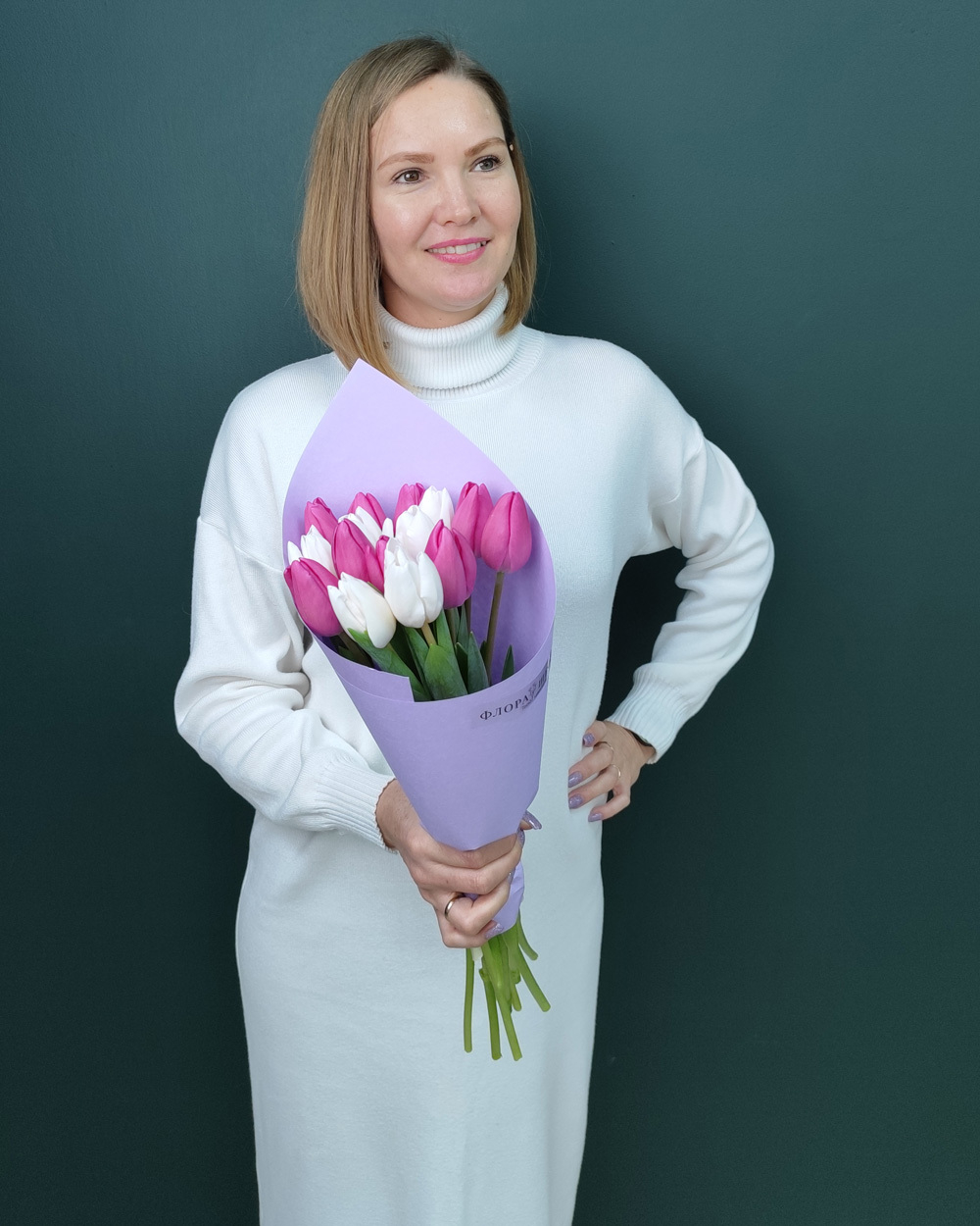 Монобукет белый и розовый тюльпан,15шт(00148)