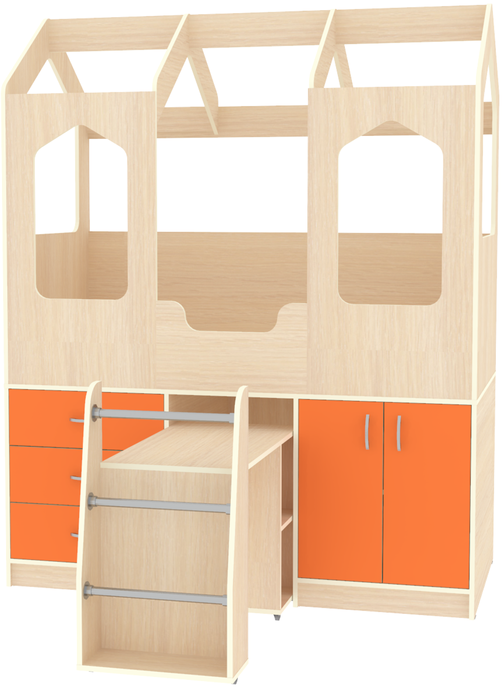 Кровать-чердак КарИВи Домик Сказка с выдвижным столом ДС-14  Дуб Молочный Оранжевый