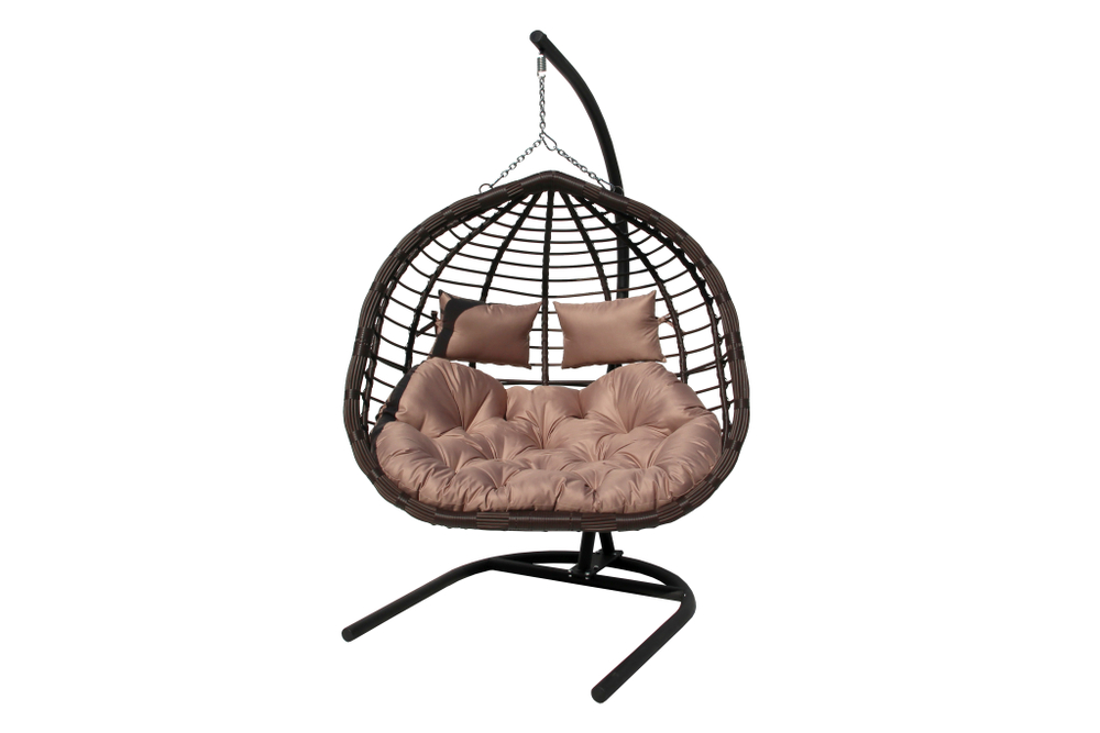 Кресло подвесное двойное Ортис арт.D50-МТ002 (стойка+основание черный,корзн. корич.,подуш. беж. 3уп. (В))