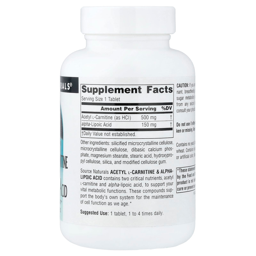 Source Naturals, ацетил-L-карнитин и альфа-липоевая кислота, 60 таблеток