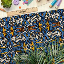 Ткань таффета синий египетский узор