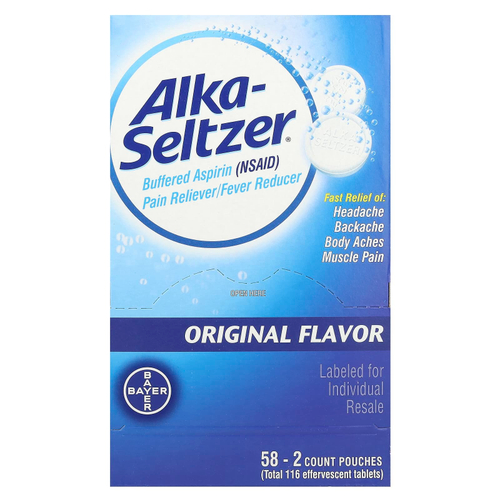 Alka-Seltzer, Буферизованный аспирин (НПВП), обезболивающее / средство для снижения температуры, оригинальный, 58 пакетиков (2 шт.) В каждом