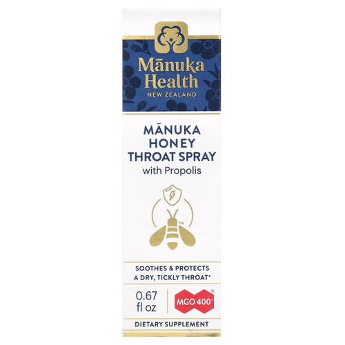 Manuka Health, Медовый спрей для горла Manuka с прополисом, MGO 400+, 0,67 жидк. унц.