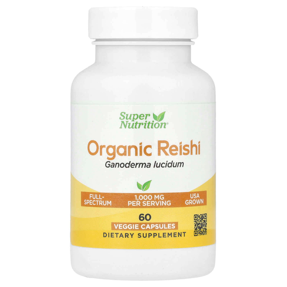 Super Nutrition, органический гриб рейши, 1 г, 60 растительных капсул (0,5 г в 1 капсуле)