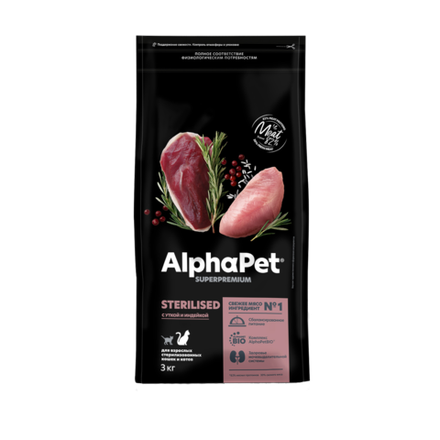 Сухой корм ALPHAPET SUPERPREMIUM STERILISED для взрослых стерилизованных кошек и котов с уткой и индейкой 3 кг
