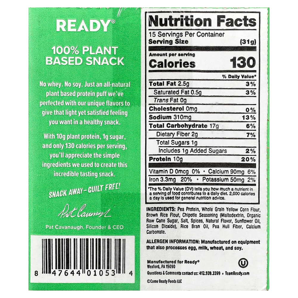 Ready, Protein Puffs, Chipotle, 6 пакетиков по 78 г (2,75 унции)