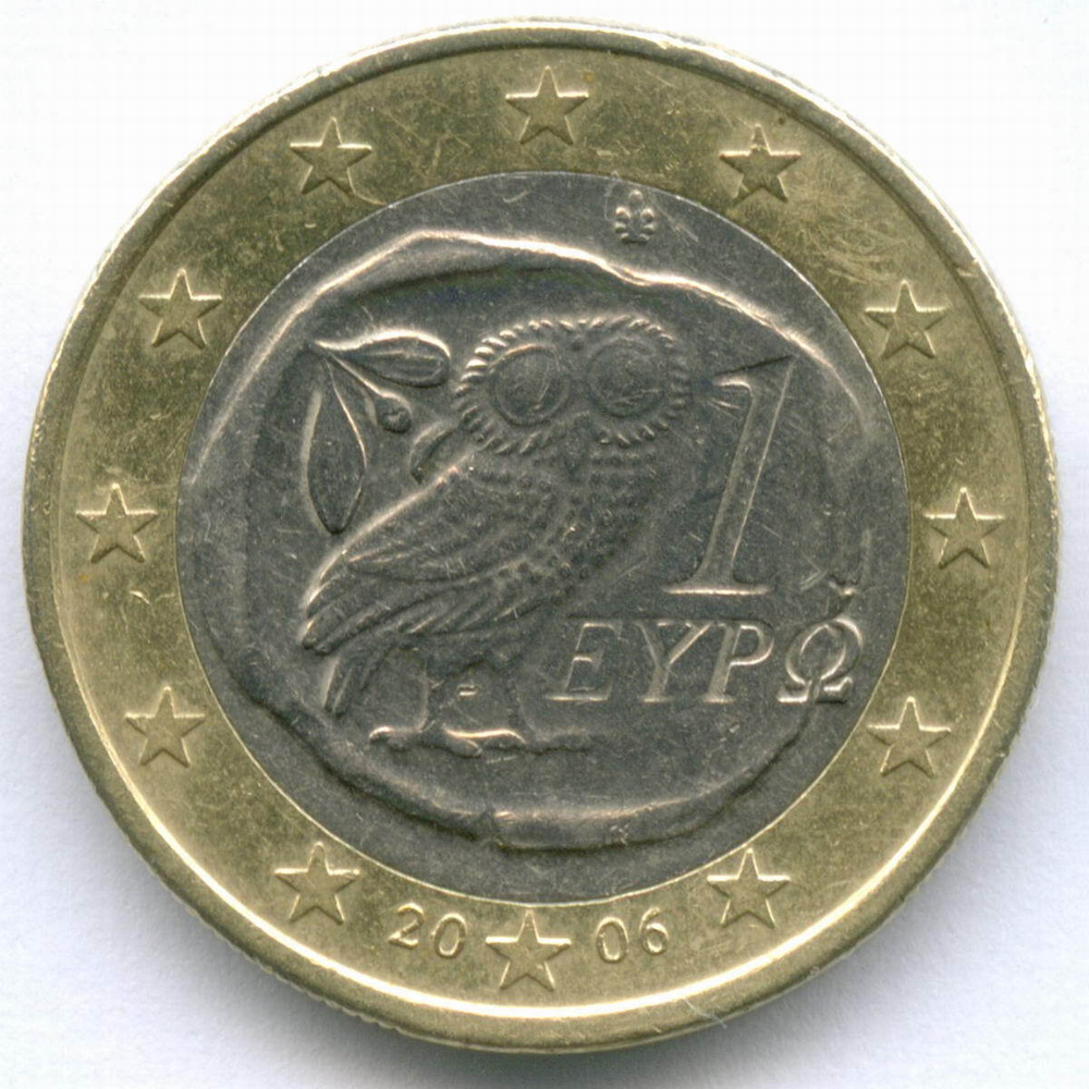 1 евро 2006 год. Греция. Регулярный выпуск. Тип 1. Биметалл VF-XF