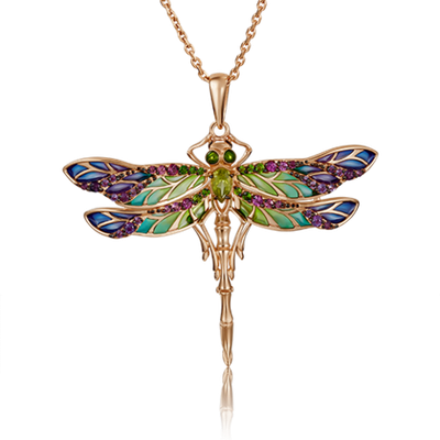 Подвеска «Стрекоза» из красного золота c хризолитом, гранатами, аметистами, хромдиопсидами и эмалью 03-2876-00-711-1110-57