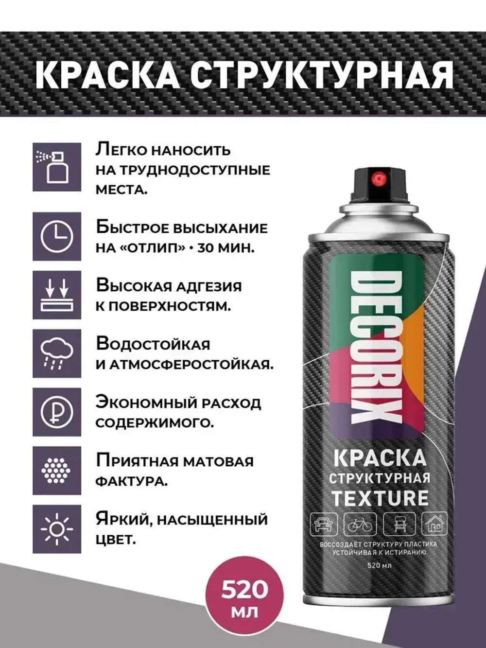 Структурная краска черная матовая, для пластика и других поверхностей DECORIX Texture - текстурная краска аэрозольная в баллончике 520 мл - комплект 2 шт