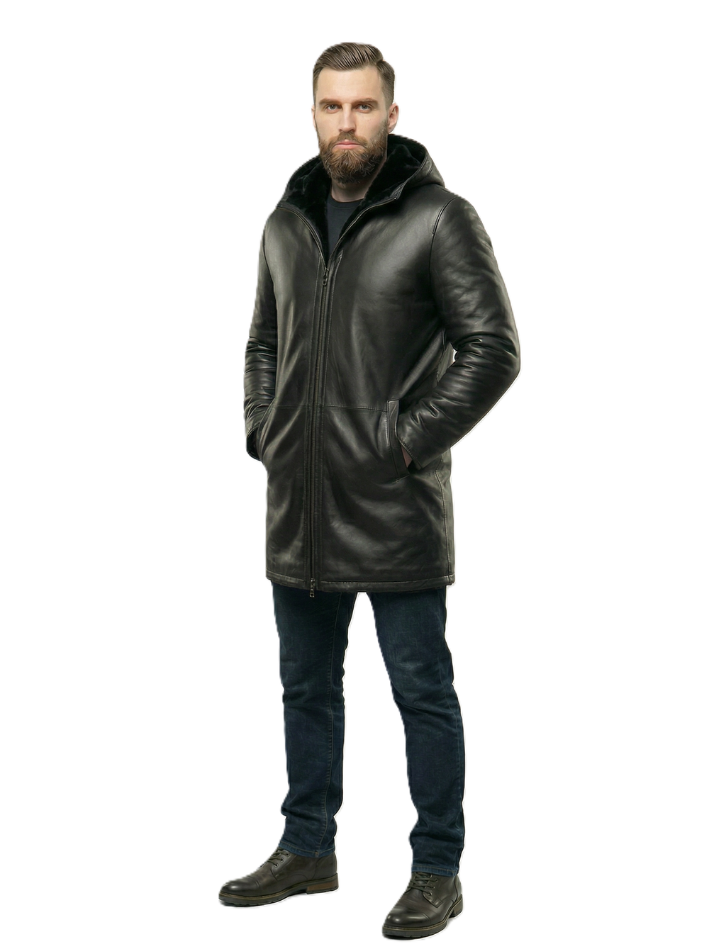 KHIMEONE Мужская кожаная куртка с капюшоном на меху (натуральная кожа/натуральный мех)