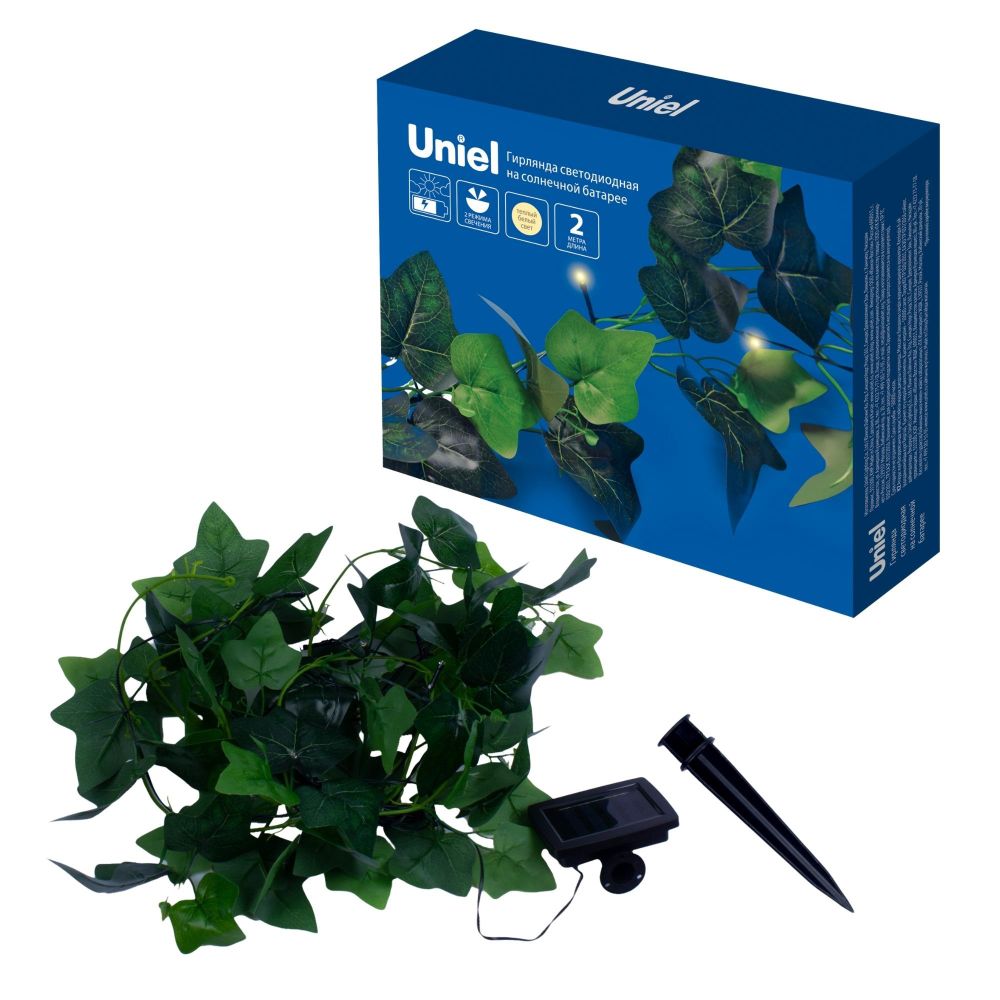 USL-S-135-PT2000 IVY Садовая гирлянда на солнечной батарее Плющ. 20 светодиодов. Теплый белый свет. 1xАА Ni-Mh аккумулятор в-к. IP44. TM Uniel