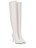 Женские белые ботфорты из кожи на молнии со стразами