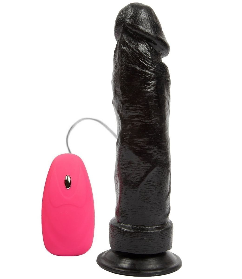 Черный вибромассажер на присоске с проводным пультом - 20,5 см. (Цвет: черный)