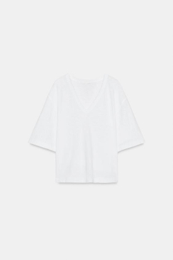 ZARA ФУТБОЛКА С V-ОБРАЗНЫМ ВЫРЕЗОМ, БЕЛЫЙ