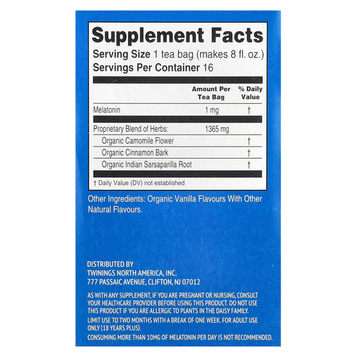 Twinings, Superblends, Melatonin, травяной чай с ромашкой, корицей и ванилью, без кофеина, 16 чайных пакетиков, 24 г (0,85 унции)