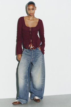 ZARA ТОП С ЗАВЯЗКАМИ И ЭЛАСТИЧНЫМИ СБОРКАМИ, ГРАНАТОВЫЙ