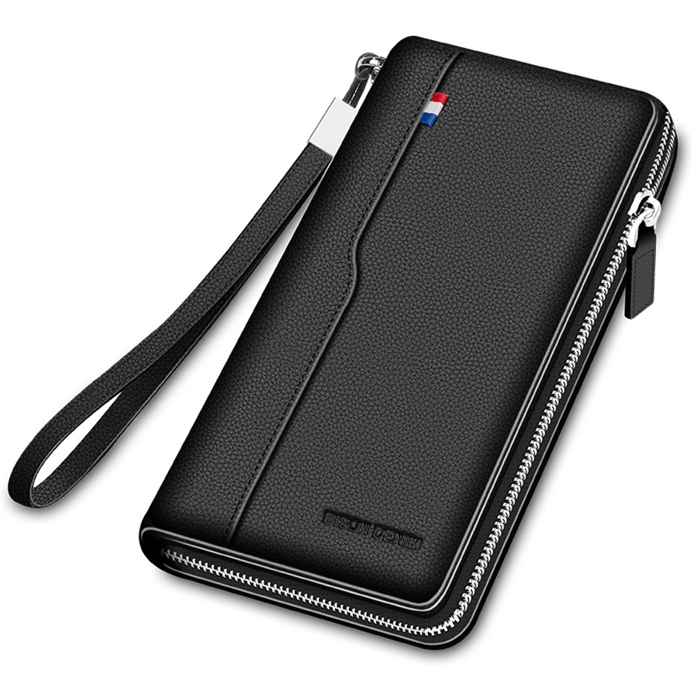 BISON DENIM Top Grain Cow Leather Wallet Clutch Regular Men"s Black
