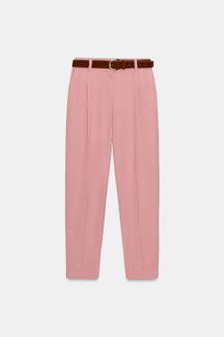 ZARA БРЮКИ С ЗАЩИПАМИ И РЕМНЕМ, РОЗОВЫЙ