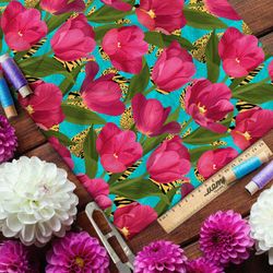 Ткань лён яркие тюльпаны на бирюзовом фоне