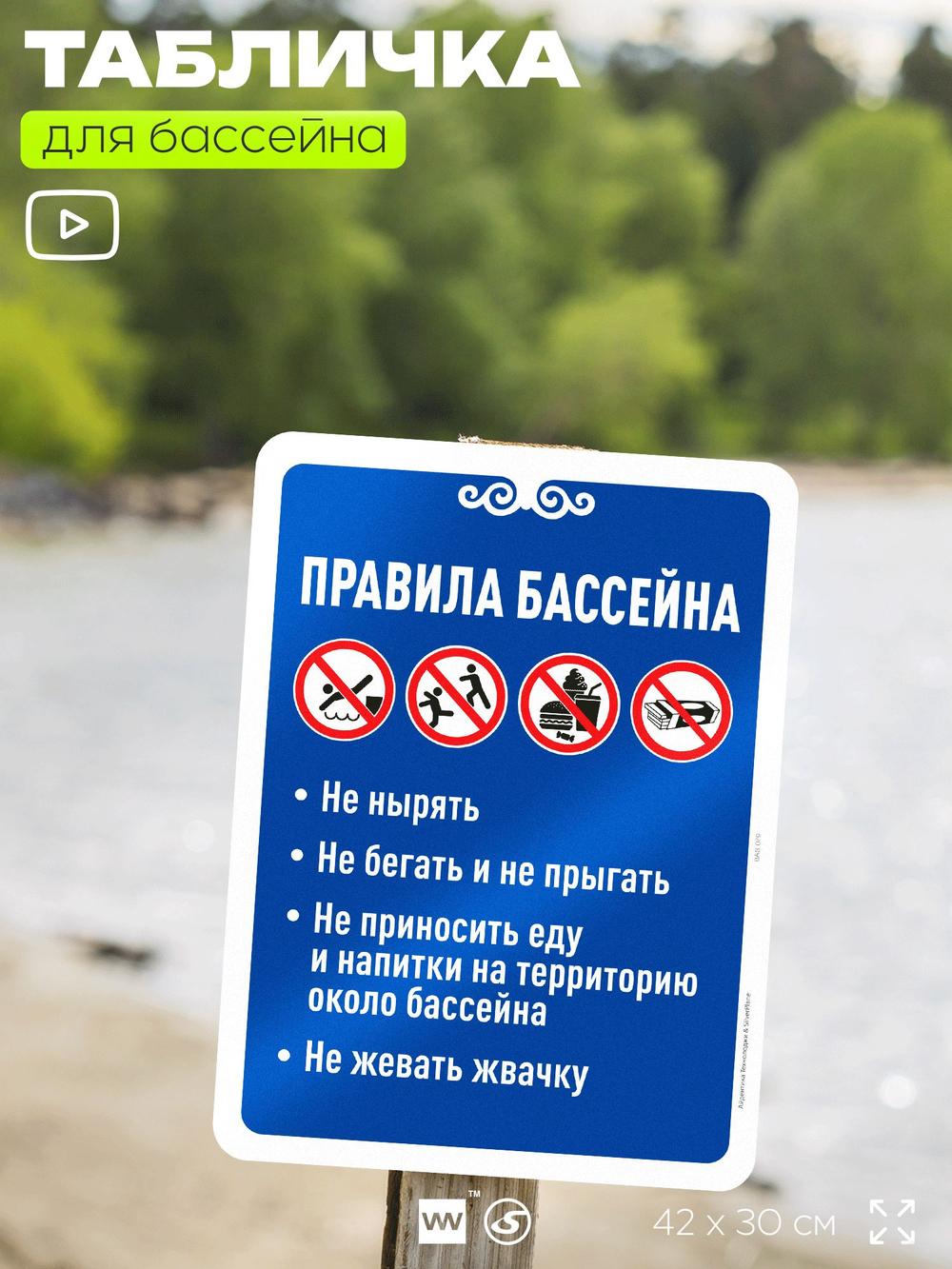 Табличка для бассейна "Правила бассейна", на пляж, для общественной и частной зоны отдыха, информационная, 40х30 см, Silver Plane x Айдентика Технолоджи