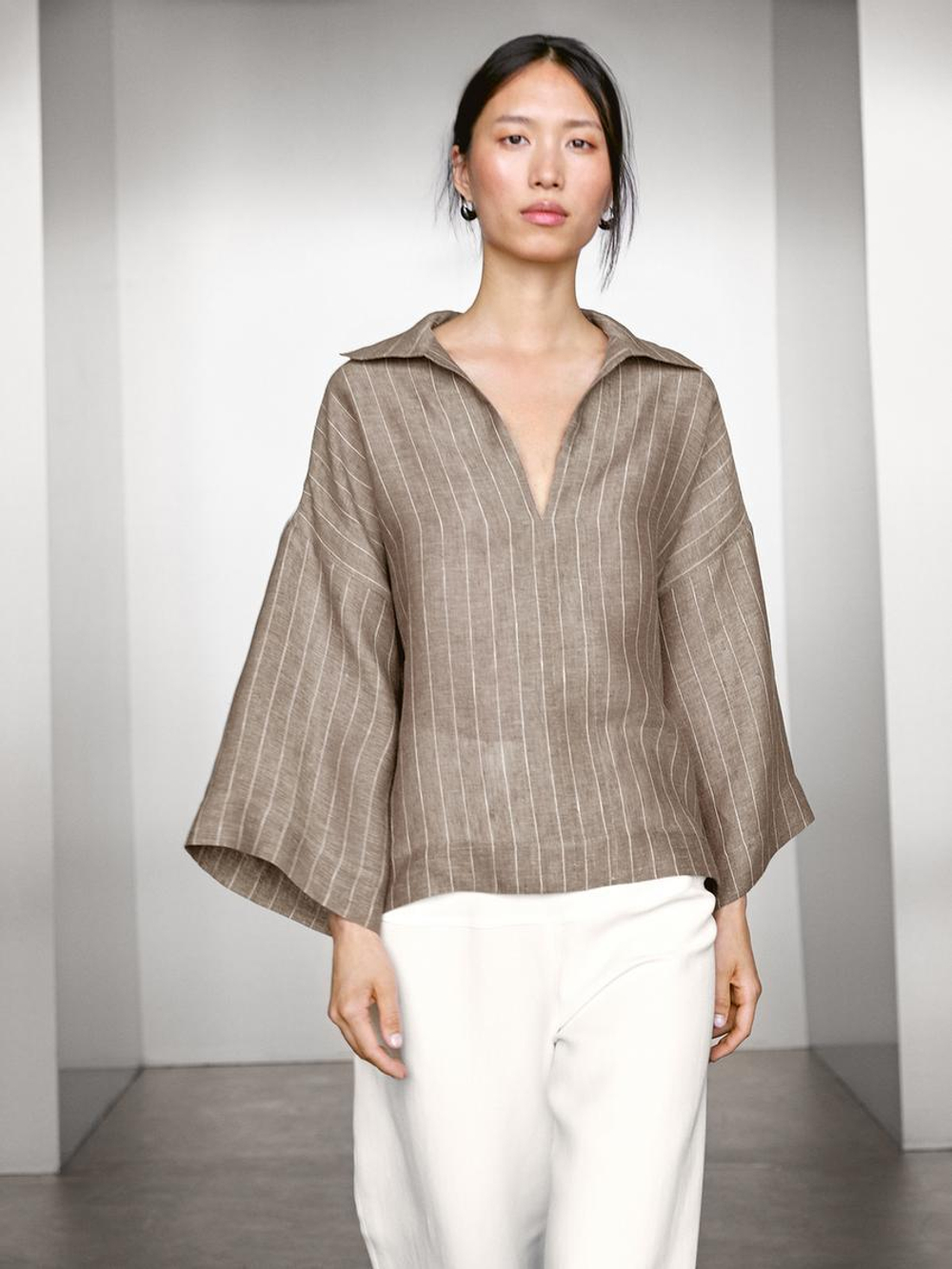 Massimo Dutti Блуза с V-образным вырезом, коричневый