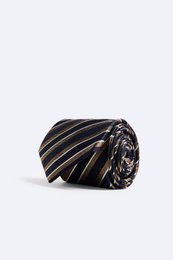 ZARA ГАЛСТУК ИЗ 100% ШЕЛКА В ПОЛОСКУ, МОРСКОЙ СИНИЙ